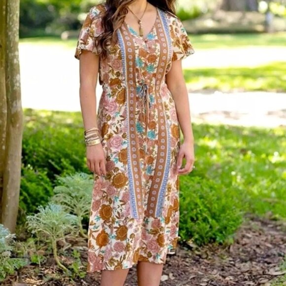 Matilda Jane Floral Front Button Ruffle Midi Dress Just For A Moment Small - Picture 3 of 14